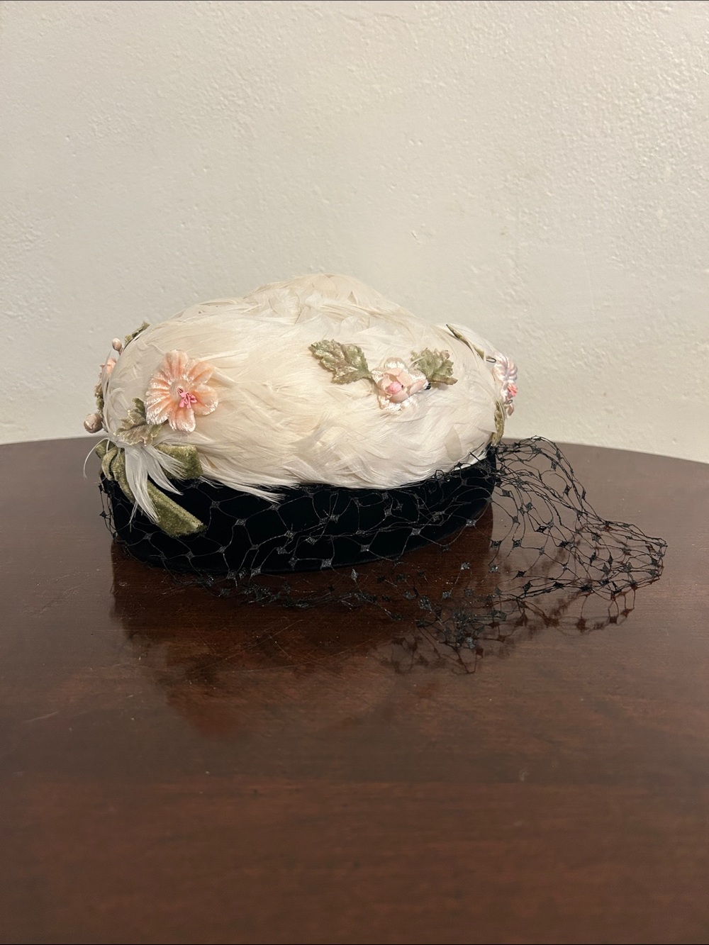 Vintage Don Anderson Ivory Feather Floral Black Veil Wool Hat Bird Cage Wedding